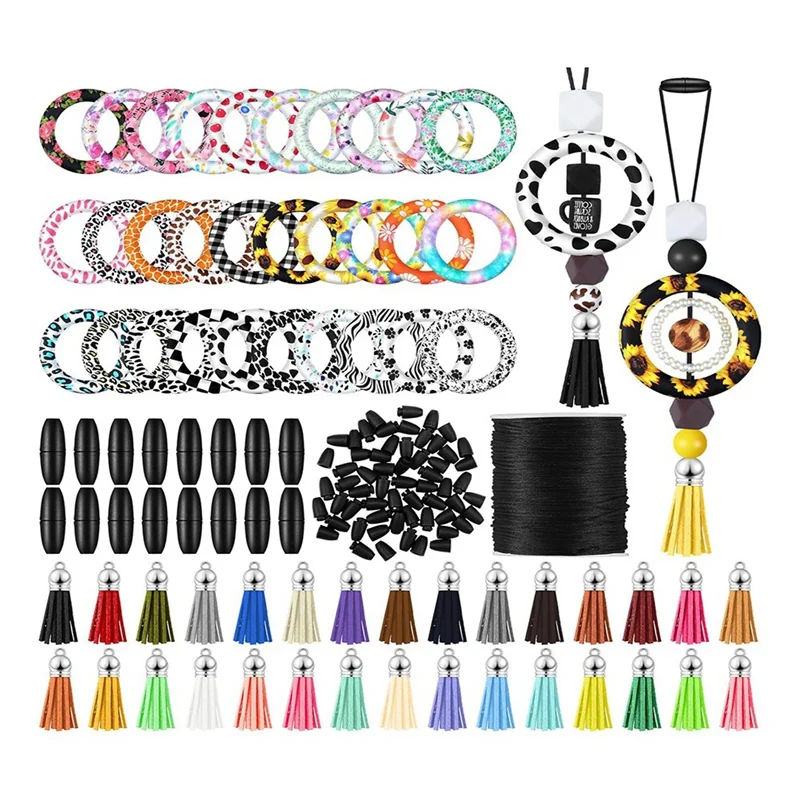 Silicone Beaded Ring Making Kit 65Mm Round Silicone Bead Ring And Keychain Tassel For DIY Keychain Bracelet Jewelry, Durable