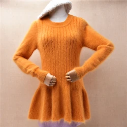 Ladies Women Fashion Autumn Winter Clothing Hairy Angora Rabbit Hair Knitted Long Sleeves Jersey Slim Blouses Sweater Skirt Pull