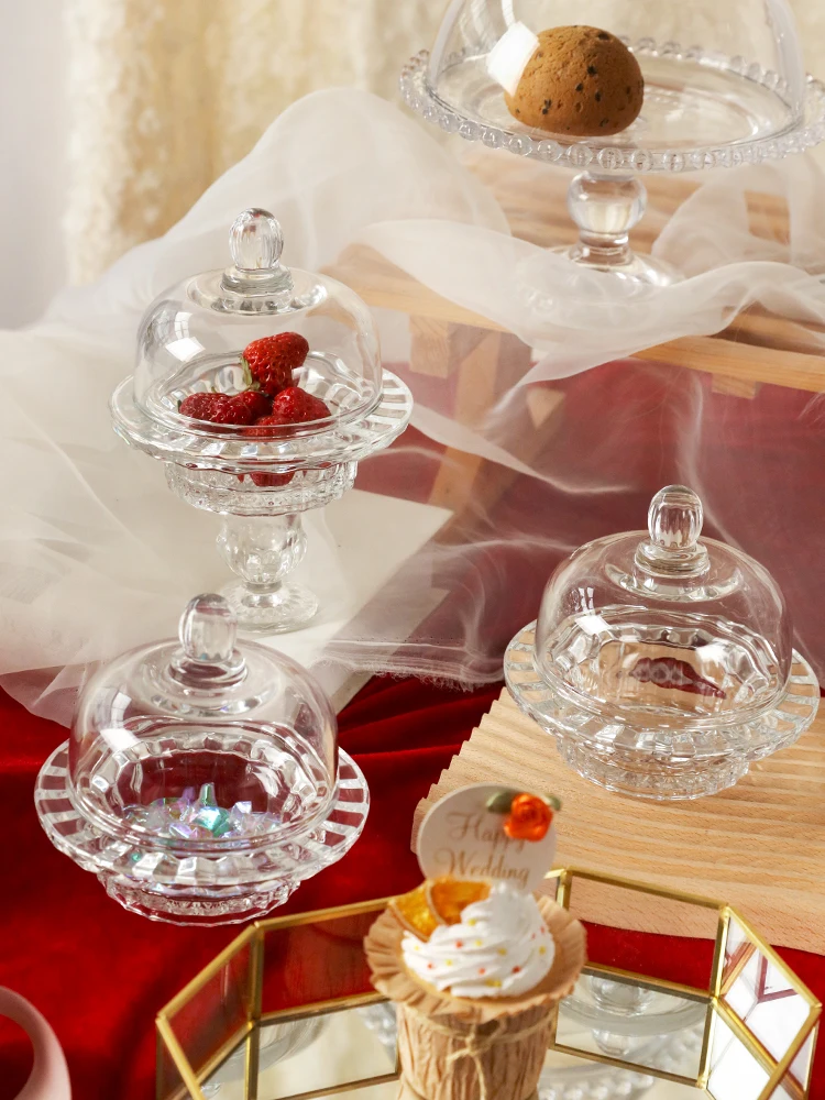 Clear Glass Candy Jar with Lid Stilt Dessert Fruit Bowl Table Top Glass Jewelry Cosmetics Storage Box Afternoon Tea Cake Pan New