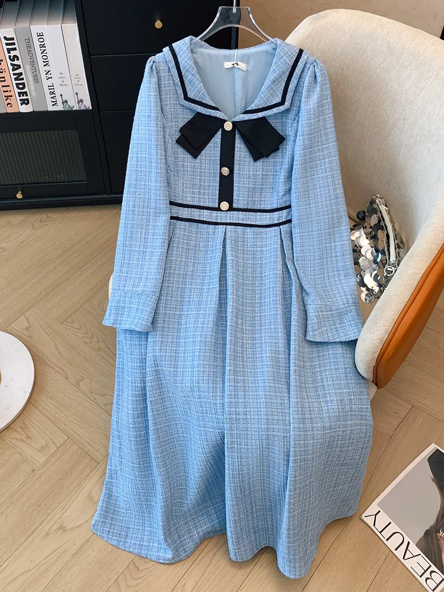 150 kg plus size dames buste 149 herfst retro kleine geurige stijl taille cinching lange mouwen revers jurk 5XL 6XL 7XL 8XL 9XL