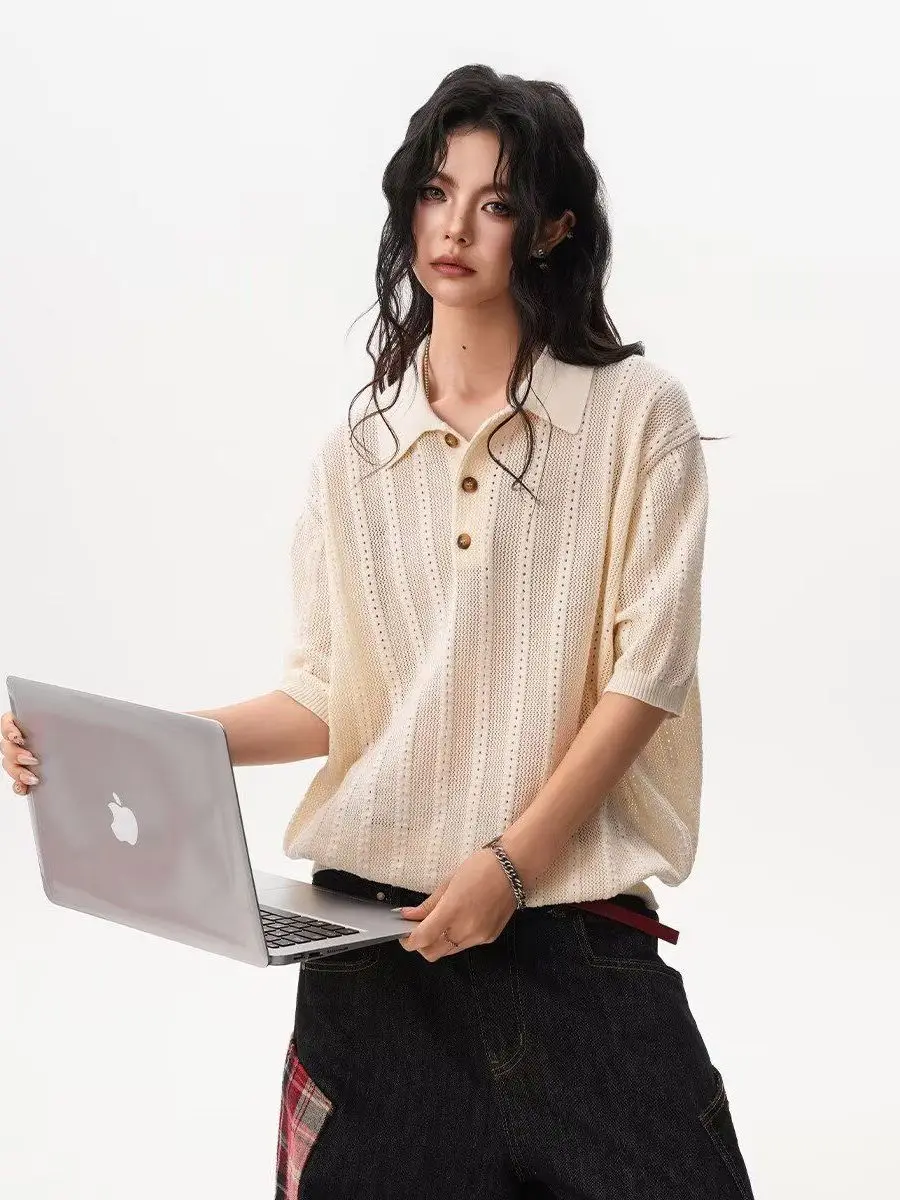 

Ретро-футболка мужская летняя свободного кроя, универсальная, тонкая, молодежная, модная, с вырезами, светло-бежевая, вязаная