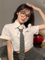 Zoki Jk Tie Sexy Cropped Shirt Women Design Preppy Style Cute Blouse Japan Casual Short Sleeve Fashion Letter Female Kawaii Tops