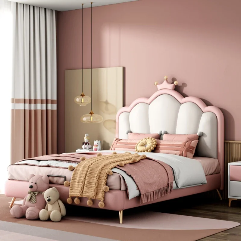 Pretty Modern Luxury Childrens Bed Girls Elegant Princess Villa Loft Leather Bed Kids Headboards Camas De Dormitorio Furniture