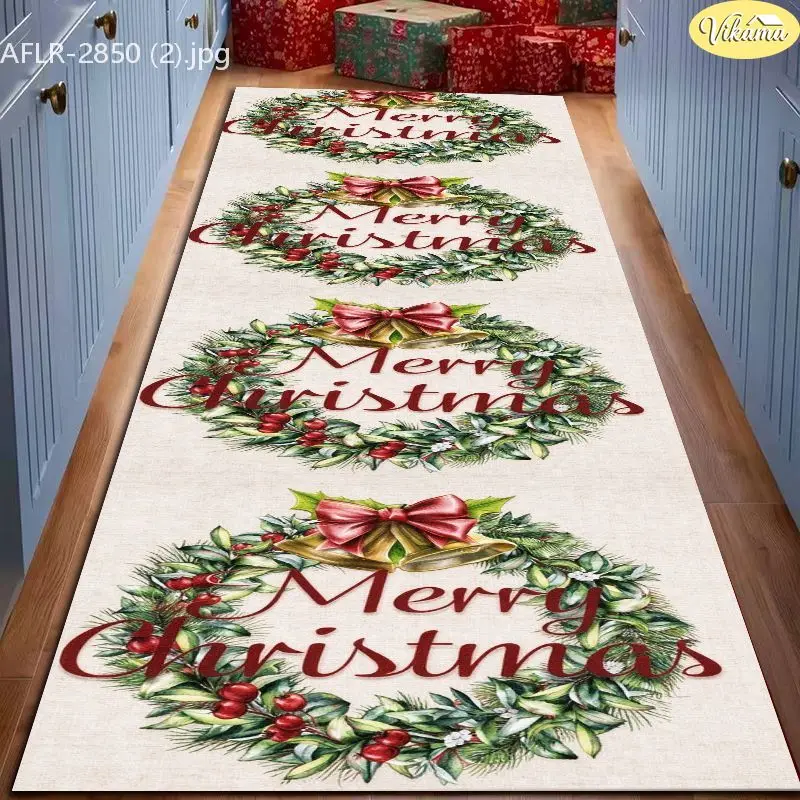 VIKAMA Cream Xmas Wreath Jingle Bell Crystal Velvet Long Carpet Non Slip Floor Pad for Xmas Warm Cozy Decorative Home Decor
