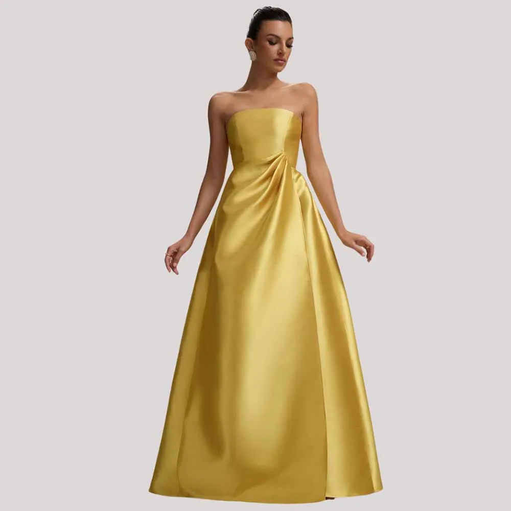 

Simple Ceremony Evening Dresses 2025 Satin A-line Celebrity Dress Golden Strapless Pleat Split Prom Dress Long