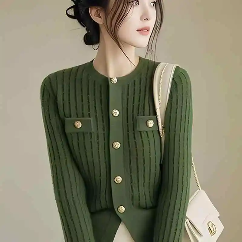 BOWEYLUN Korean Style Long-sleeved Knitted Cardigan Women's Autumn Fashion Casual Green Sweater Jacket Female