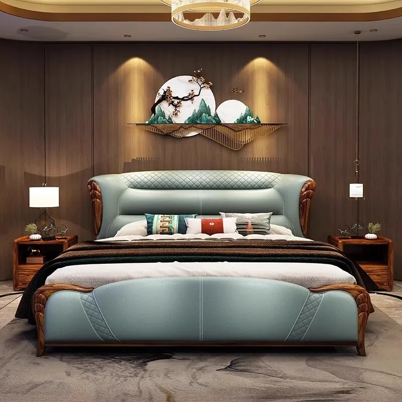 Leather queen bed solid wood 1.8 meters master bedroom luxury ebony double bed