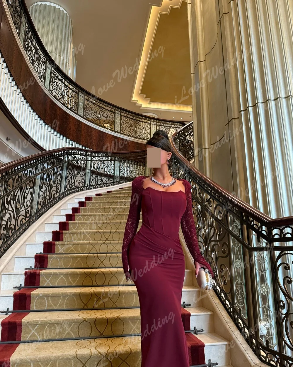 Customized Tight Fitting Straight Prom Dresses 2025 Floor-Length Square Collar Full Sleeve Lace Evening Dresses Sexy Backless