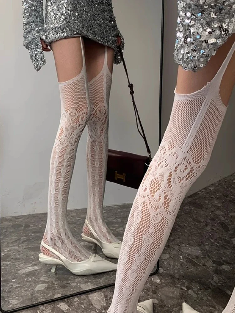 جوفاء خارج الدانتيل شبكة صيد السمك الحمالة الجوارب المرأة مثير ضئيلة النايلون شبكة الفخذ العليا جوارب الجوارب البيضاء مفتوحة المنشعب جوارب طويلة #4