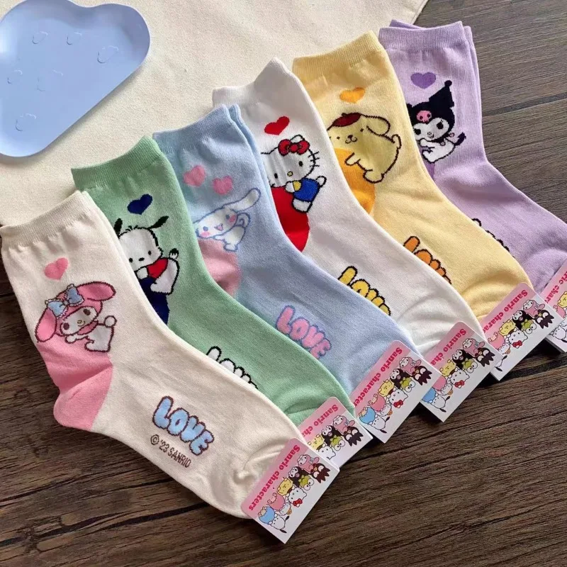 Sanrio-Calcetines de algodón de Hello Kitty para niña, medias de media pantorrilla con dibujos animados, Kuromi Melody, Kawaii, para otoño e invierno, 6 pares