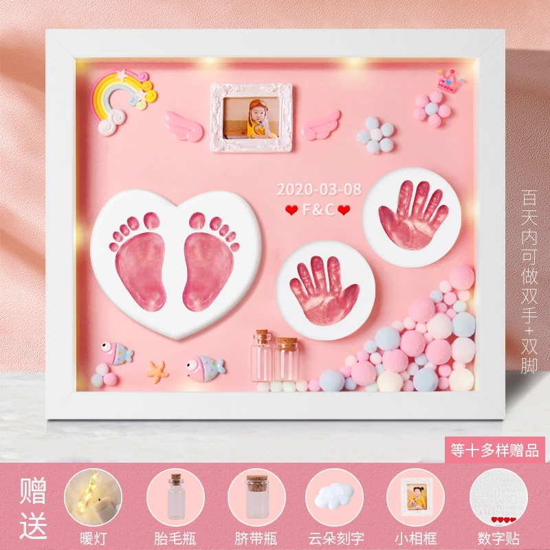 Baby\'s Full Moon Stereoscopic Hand Foot Printing Mud One Year Old Hand Model Souvenir 28.4x33.4CM Wooden Photo Frame Decoration