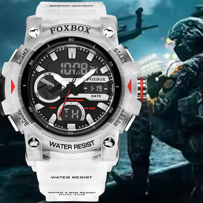 FOXBOX Dual Display Watch Men Fashion White Silicone Sports Diving Watch For Men Waterproof Analog Digital Quartz Men's Watches
