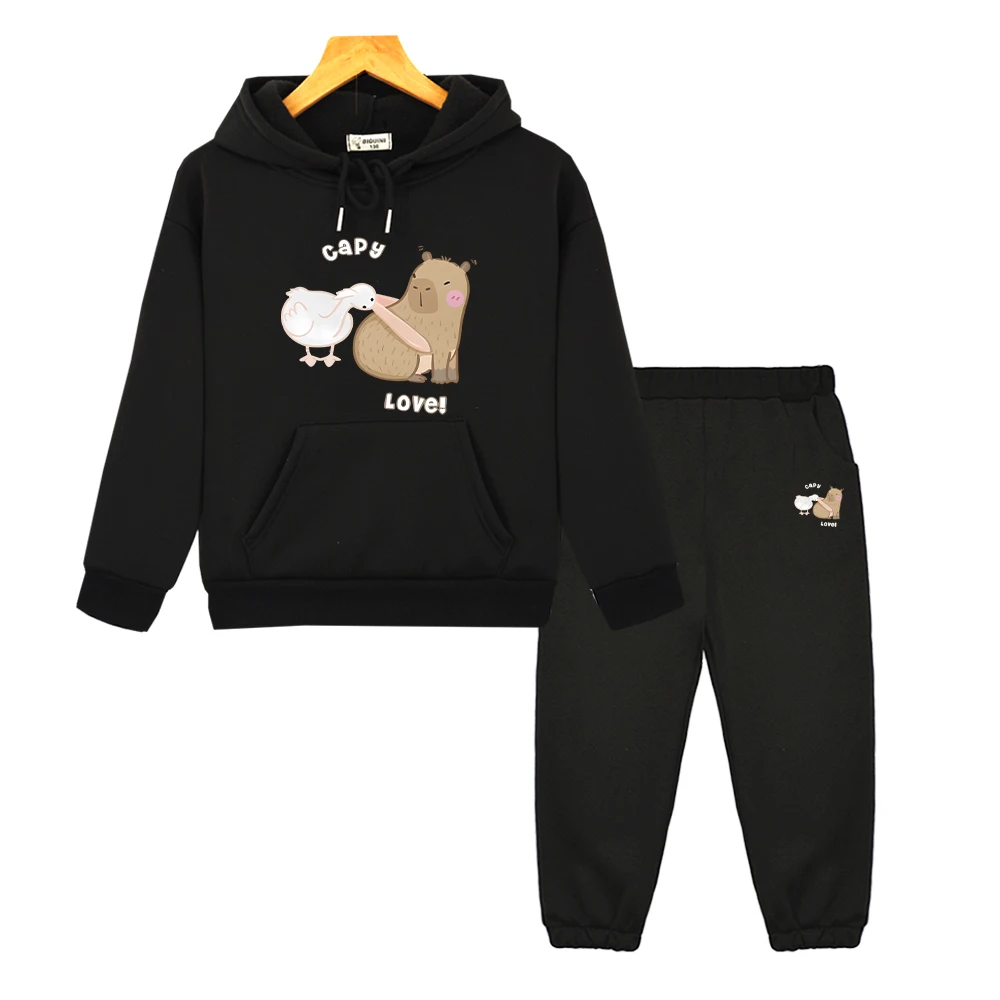 

Capybara Duck anime hoodie Fleece sweatshirt boygirl Sports Hooded Sets Capybara 2pcs pullover+Pant jacket kids boutique clothes