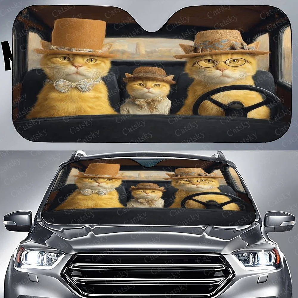 This Adorable Car Sunshade Features Three Stylish Cats In Hats And Glasses, Perfect For Any Vehicle. Adds A Charming Touch To Yo