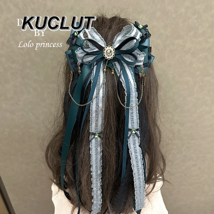 

Women's Hair Accessory Lolita Style JK Long Elegant Bow Dark Green Women's Lolita Hairclip Sweet and Cute New Headwear Femme