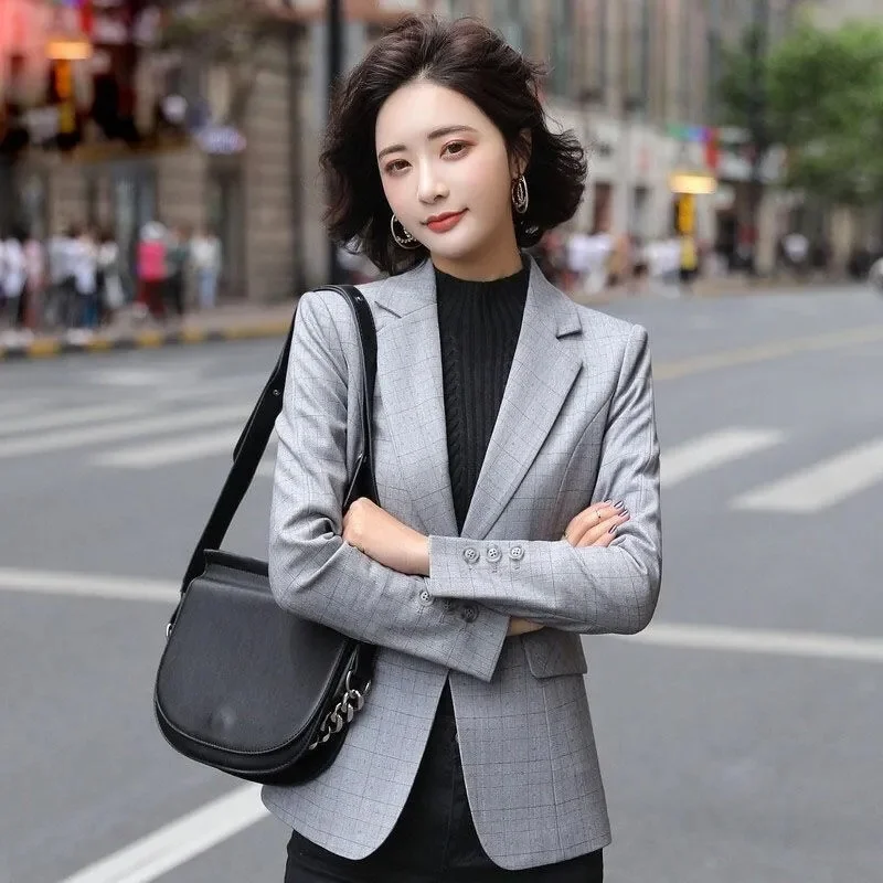 Women's Blazer 2025 New Korean Spring Grid Notched Collar Suit Jacket Office Lady Blazers Long Sleeve Loose Coat Femme