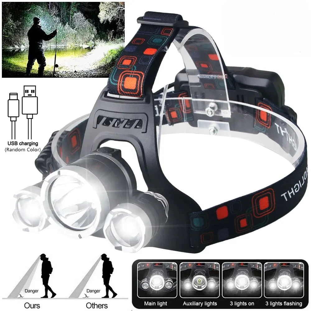 Torcia frontale a LED ad alta potenza 18650 con batteria ricaricabile 90 °   Torcia regolabile per illuminazione esterna, campeggio, pesca, escursionismo