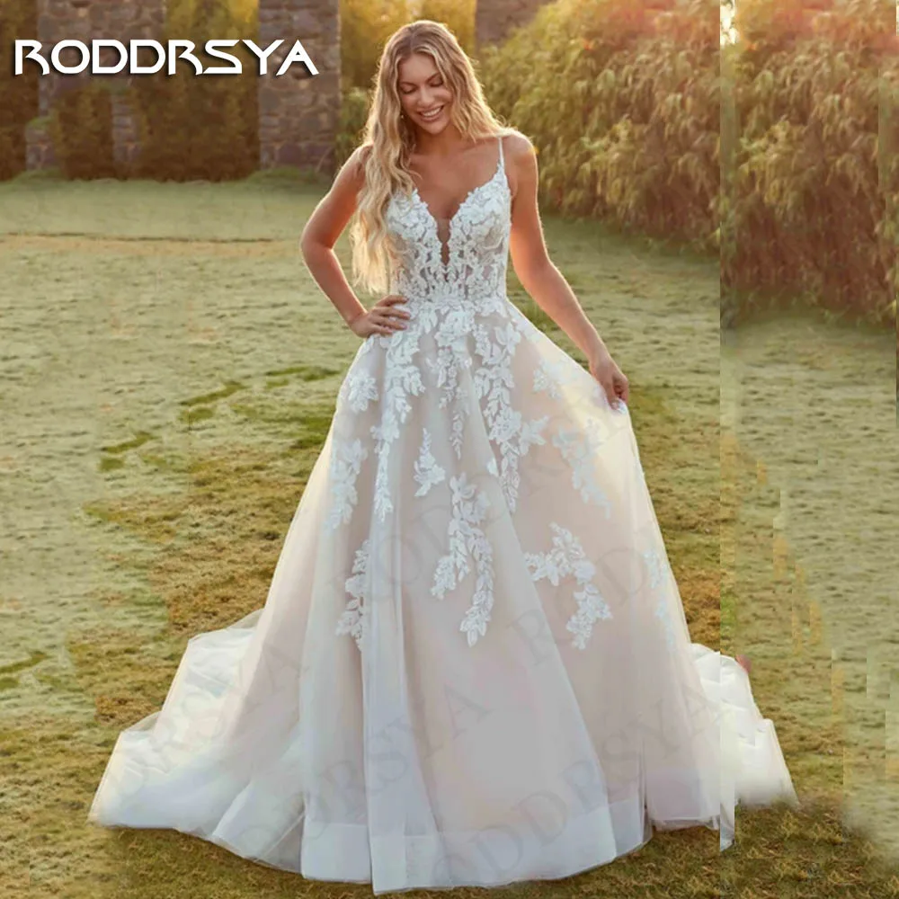 RODDRSYA-vestido de novia de tul con tirantes finos, traje elegante con apliques de encaje, Espalda descubierta, para playa Spaghetti Straps Tul Vestidos de novia  Elegante una línea de encaje apliques vestido de novia