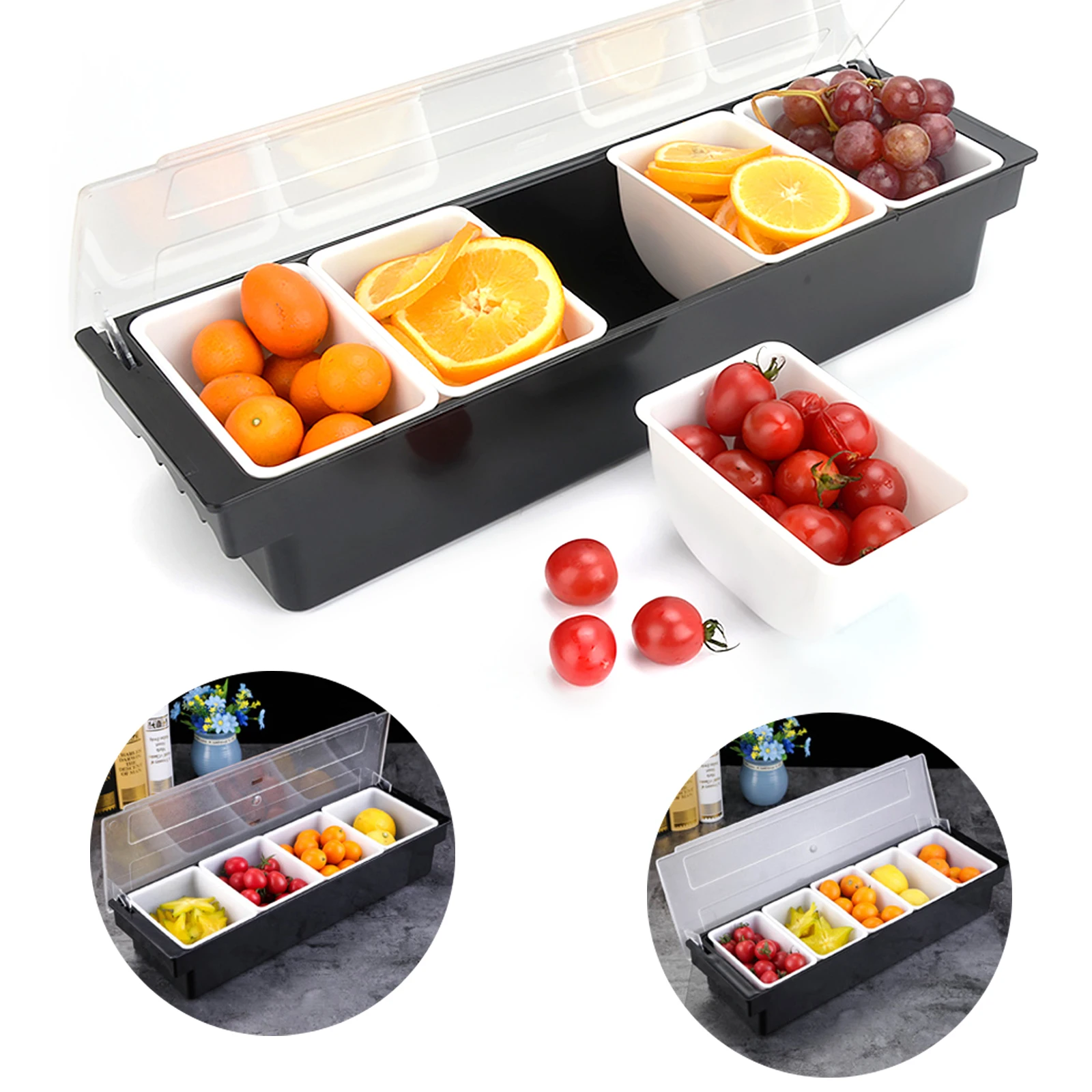 5 Compartment Plastic Fruit Lunch Box Bar Food Fresh-Keeping Caddy Tray Compartment