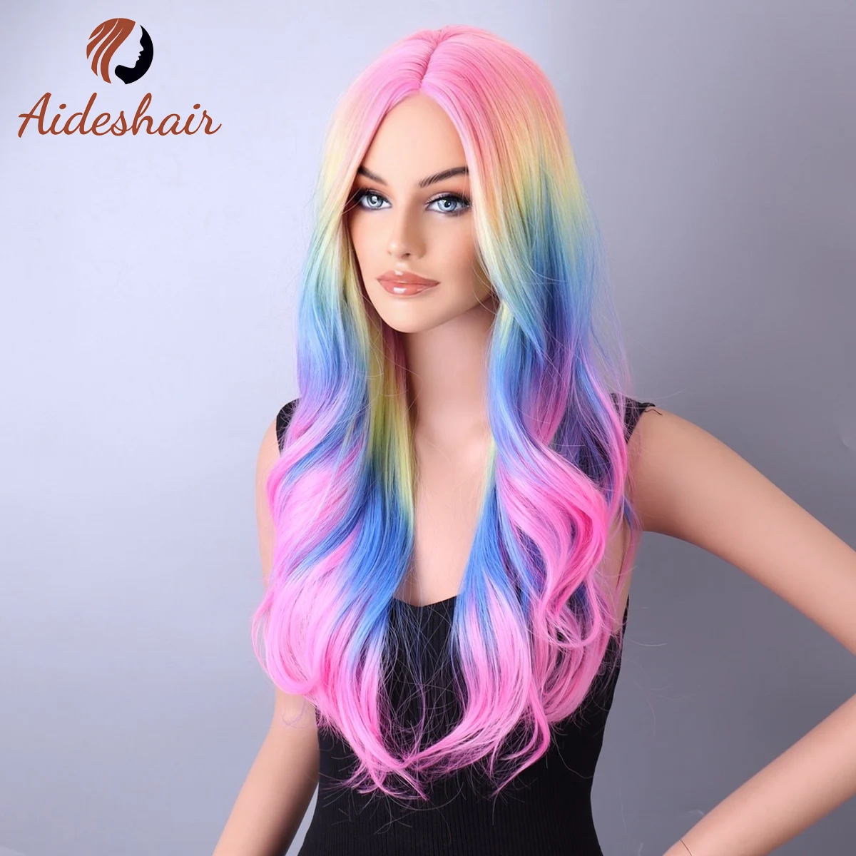 Tęczowa peruka syntetyczna dla kobiety długie włosy typu body wave Cosplay Lolita Party naturalne peruki termoodporne włókno codzienne włosy