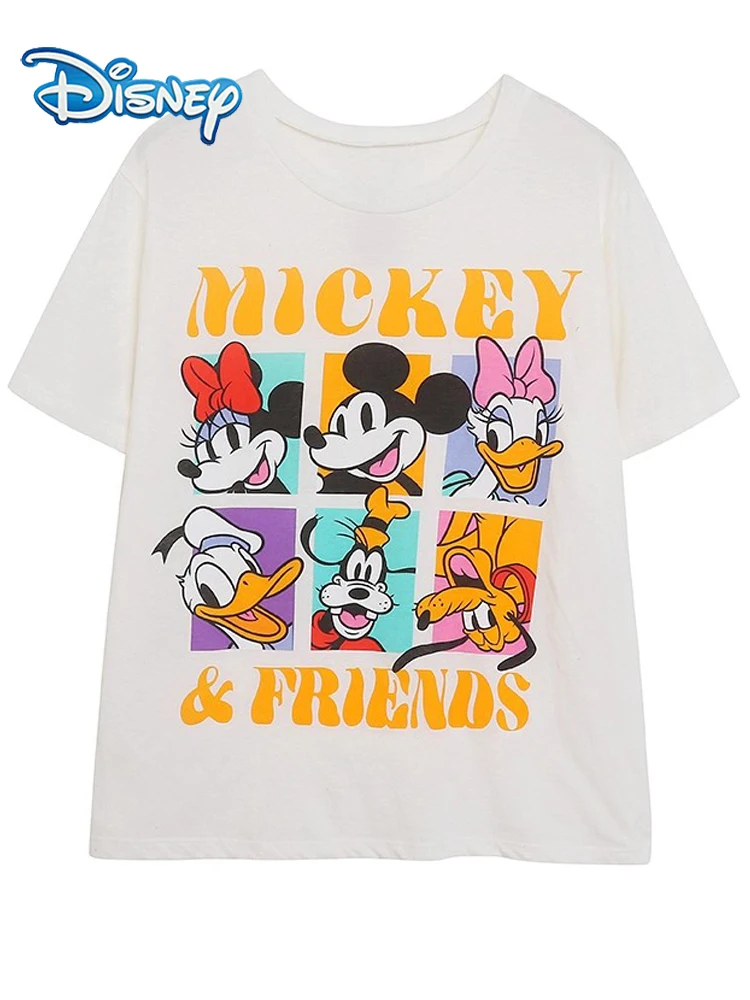 

Disney Donald Duck Minnie Mickey Mouse Family Cartoon Print White T-Shirt Women O-Neck Pullover Short Sleeve Tee Tops Female