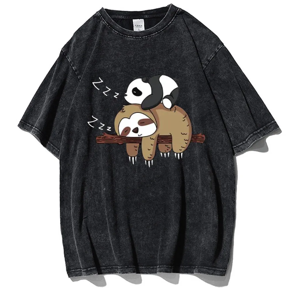 

American retro washed vintage sloth print short sleeved T-shirt for men and women, loose couple outfit, half sleeved T-shirt top