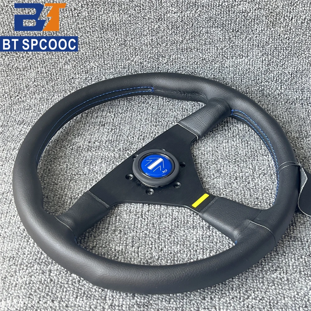 Blue Yellow Stitching Italy Style V1 Steering Wheel Real Leather 14inch 350mm Flat Italy Back Engraving Racing Street Sport