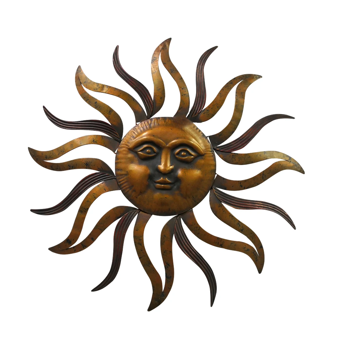 

35 Inch Round Wall Mounted Sun Face Accent Decor, Carved Rustic Gold and Black Metal