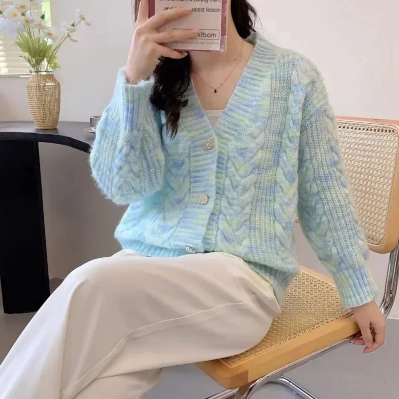 V คอถักเสื้อสเวตเตอร์ถักผู้หญิงฤดูใบไม้ร่วงฤดูหนาวหลวมเสื้อแขนยาว Office Lady All-Match เสื้อถัก Tops