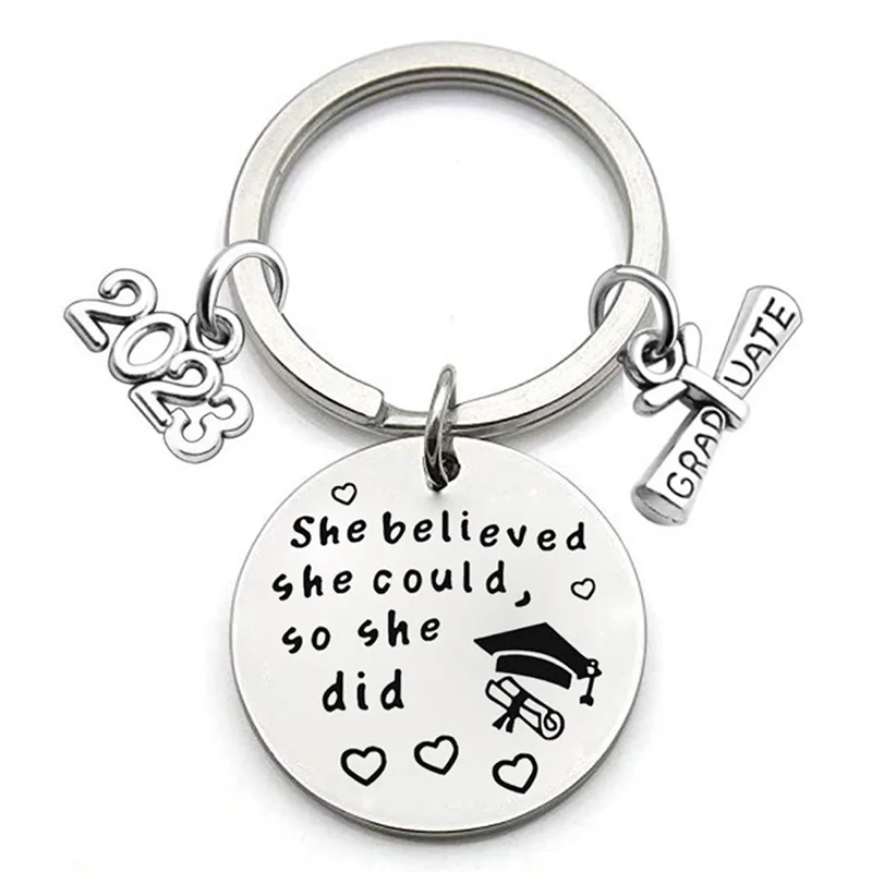 Keychain Pendant Stainless Steel Round Student 2024 Graduation Season Gift Bachelor Hat Gift Lettering Metal Key Ring Accessorie