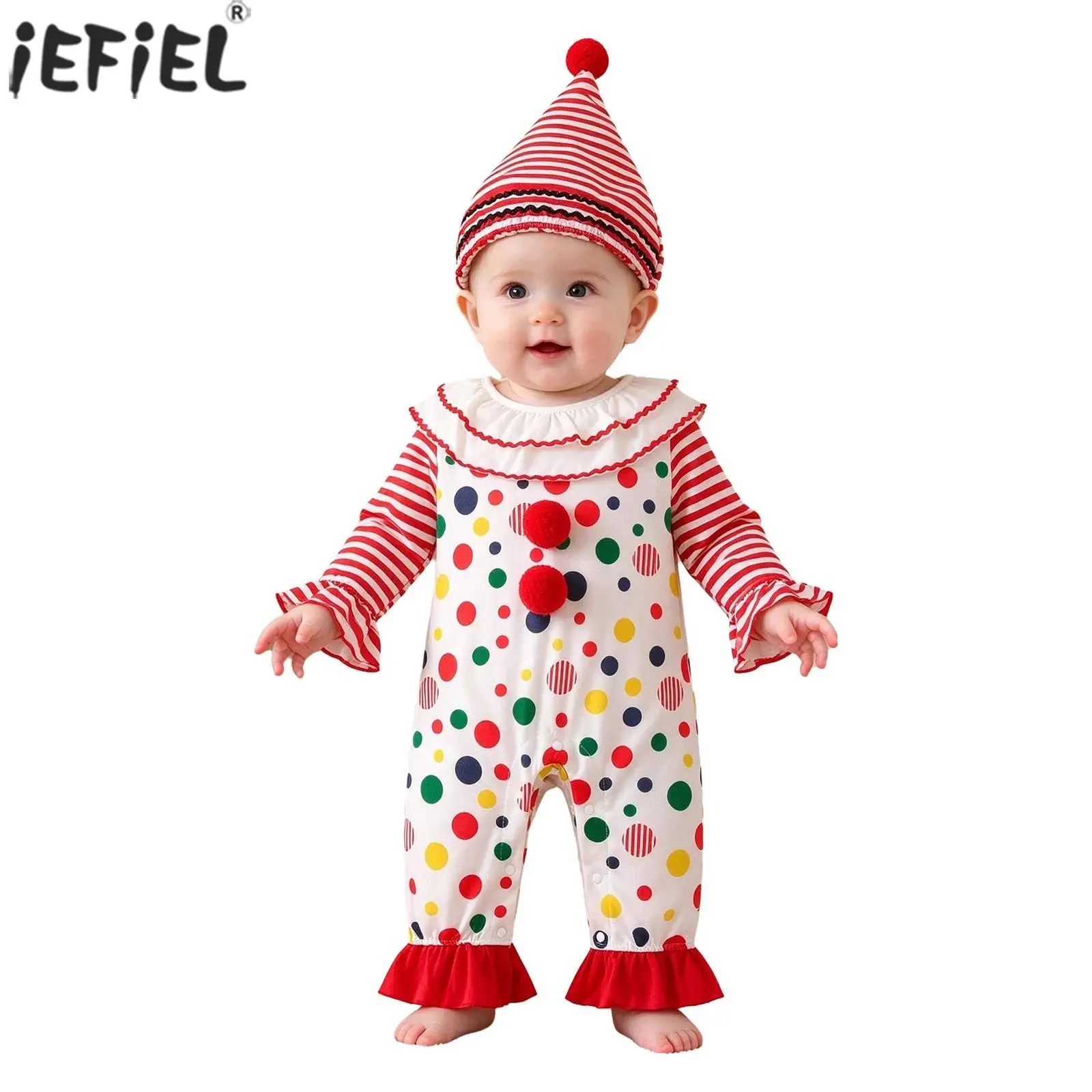Toddler Baby Clown Costume Ruffled Collar Long Flared Sleeves Striped Bell-bottom Romper with Pompom Hat for Halloween Cosplay