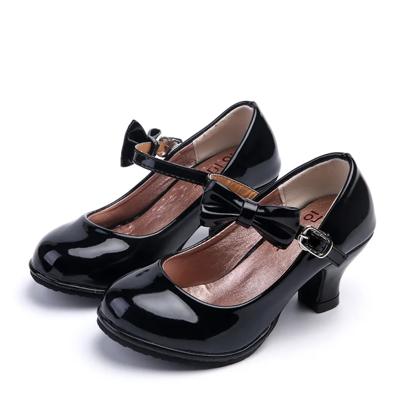 Girls Princess Leather Shoes Glossy PU Fashion Kids Sweet Bowtie Dress Shoes for Ballet Spring Autumn Children High Heels Causal