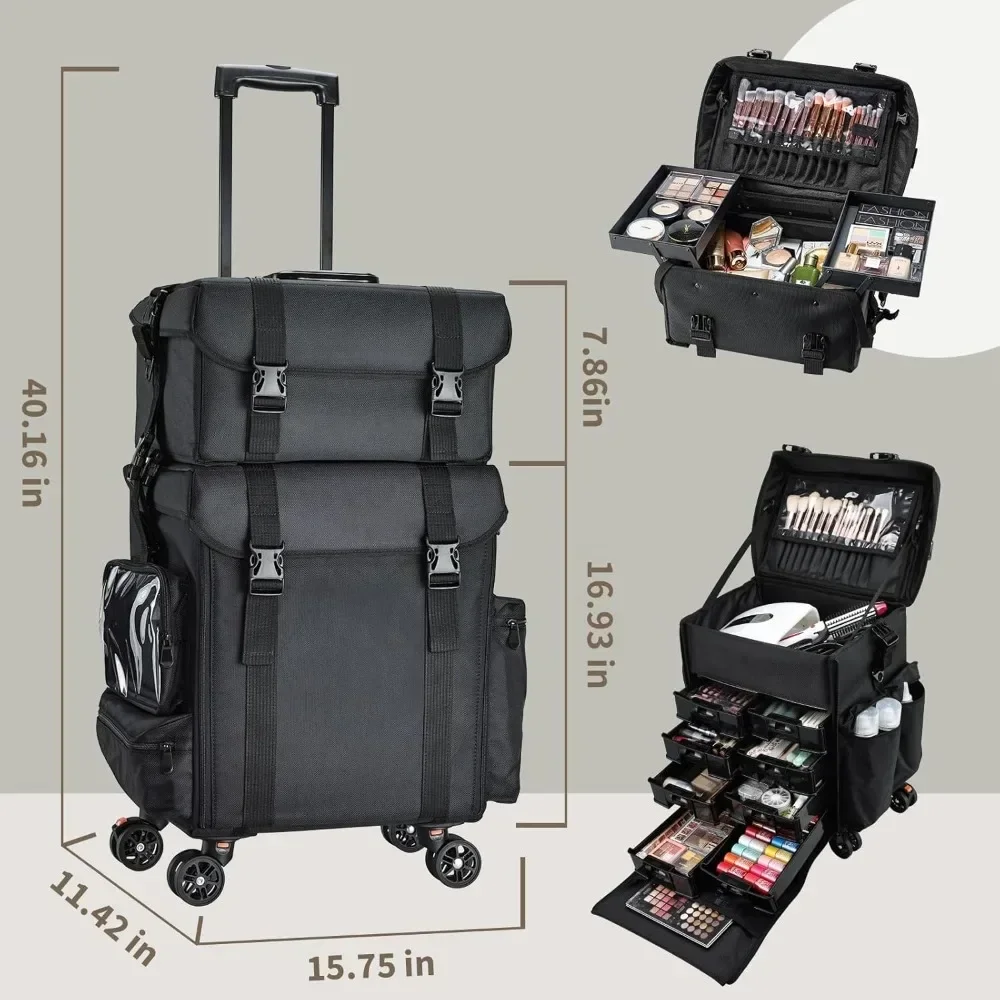 Professional Makeup Case 2in1 Travel Makeup Rolling Case Soft Sided Cosmetology Case with Wheels Makeup Artist Cosmetic Organize