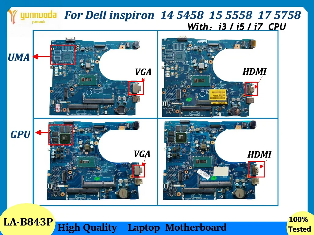 

AAL10 LA-B843P For Dell inspiron 14 5458 15 5558 17 5758 Laptop Motherboard With i3 i5 i7 CPU UMA 920M GPU DDR3L TESTED GOOD