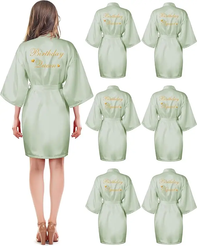 6 Pcs Women's Birthday Squad Robes Birthday Party Queen Spa Bathrobe Kimono Spa Robe Sleepover Party Robes Silky Gown