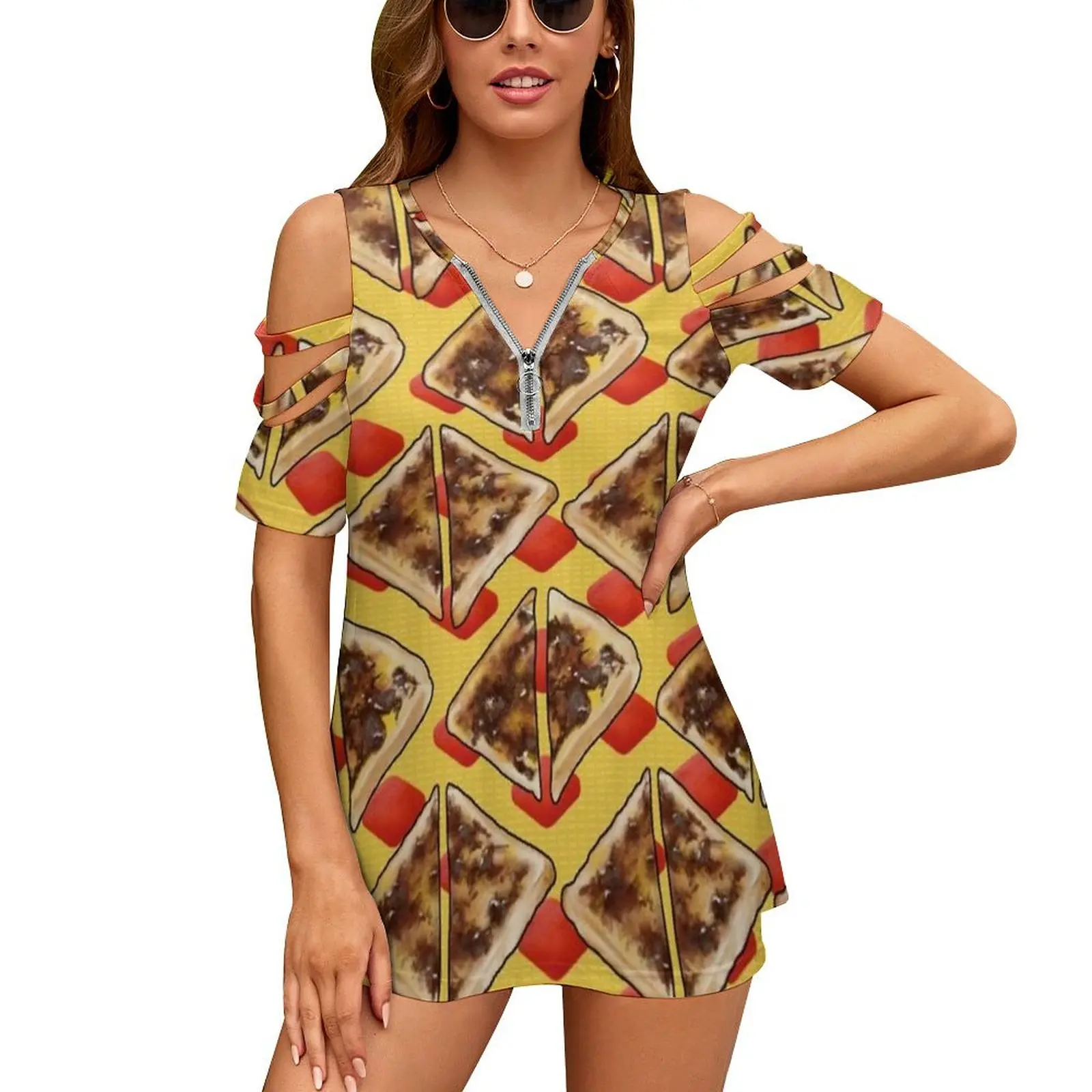 Vegemite On Toast Dreams , Aussie Red And Gold Women's T-Shirt New Fashion Printed Zipper V-Neck Short Sleeve T Shirts Casual