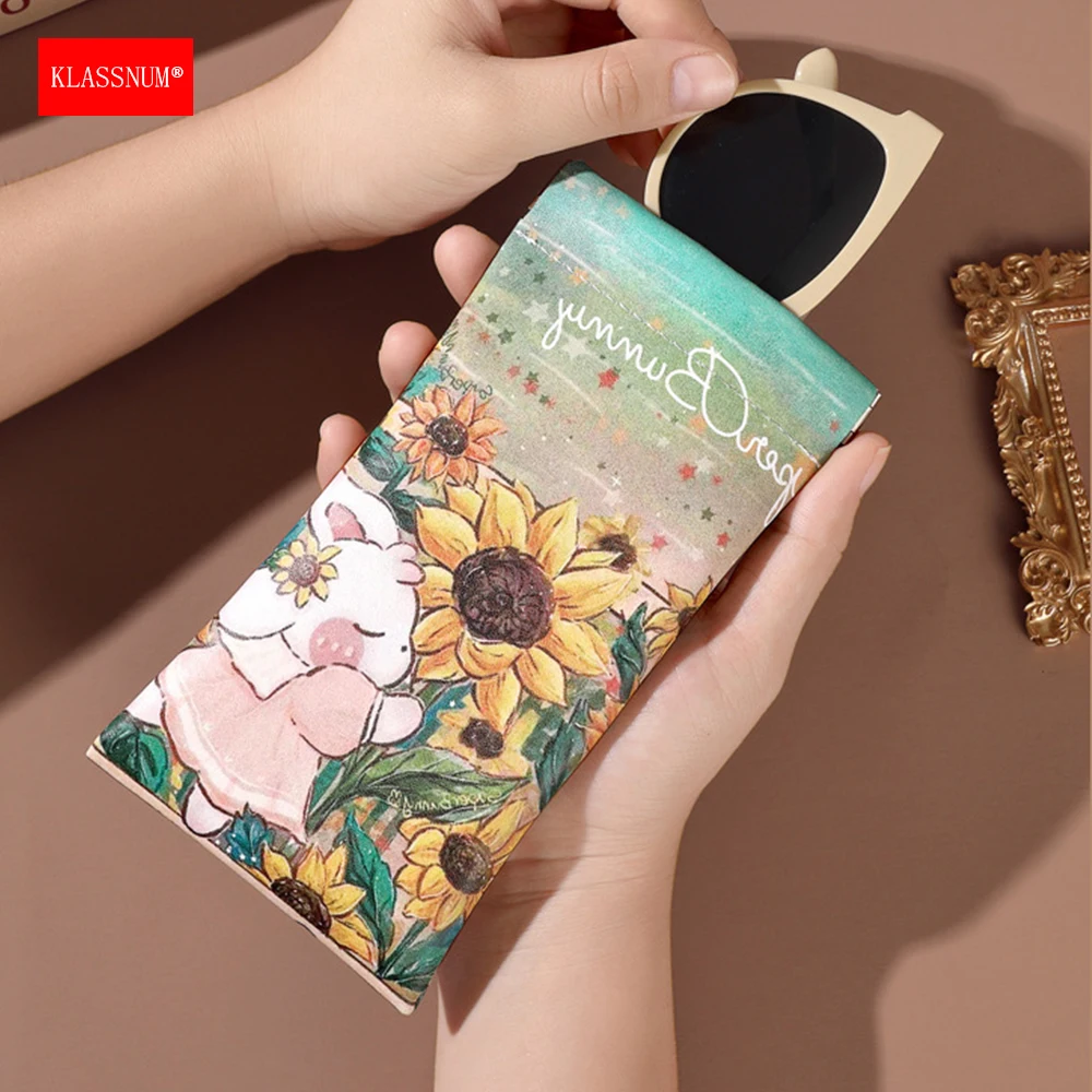 KLASSNUM Cute Glasses Pouch Portable Automatic Closing Eyepiece Case Women Girls PU Leather Oil Painting Eyewear Storage Bag