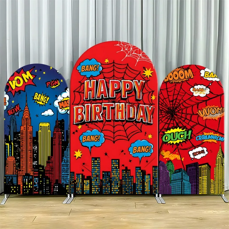 

Arch Backdrop Cover Single Side Superhero City Birthday Bold Happy Spiderweb Party Decoration Photo Booth Background Event Props