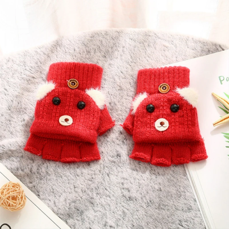 New Winter Kids Gloves Cute Bear Knit Gloves Imitation Cashmere Writing Riding Mitten Flip Cover Half Finger Children Warm Glove