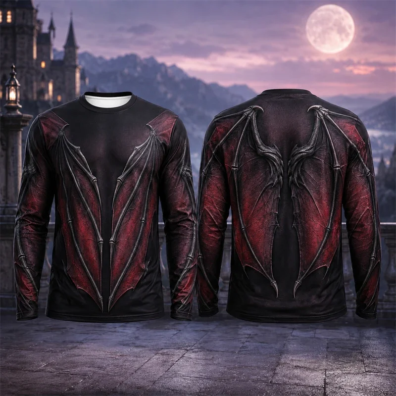 Men's 3D Double-sided Print Demon Dragon Wings Long Sleeve T-Shirt Dark Gothic Halloween Cosplay Casual Novelty Streetwear Tops
