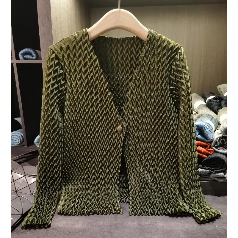  Women Cardigan 2026 New Handmade Wave Pleated Short Jacket Peplum V-Neck Long Sleeve One Button Stretch Top Wrinkle-Free