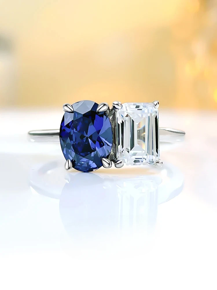 Fashionable and compact, popular twin stone contrasting blue sapphire s925 sterling silver ring inlaid wedding jewelry wholesale