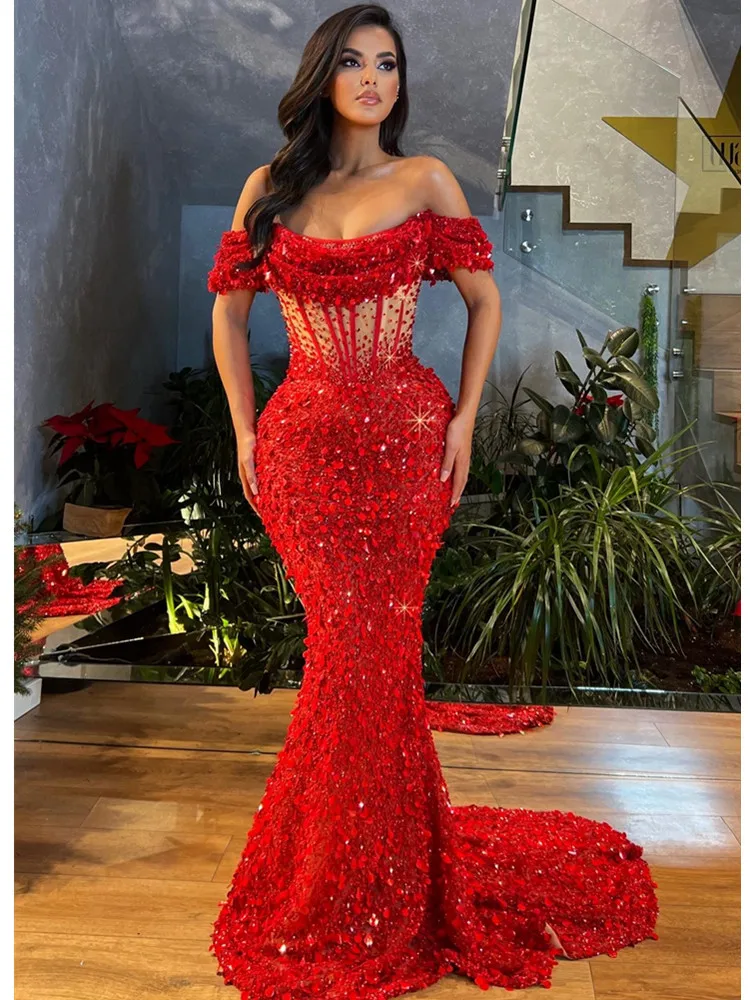 

Luxury Sexy Off Shoulder Pearl Mesh Maxi Long Women Celebrity Dress 2024 Elegant Party Evening Club Vestido