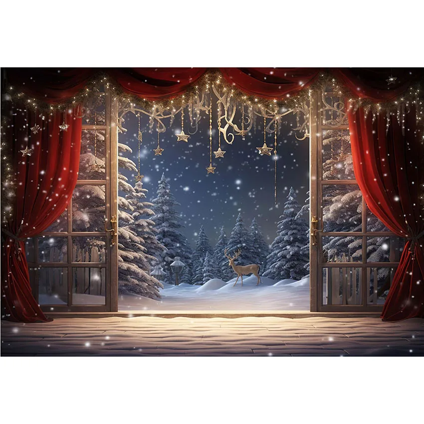 Avezano Christmas Window Backdrop Night Forest Snowy Xmas Trees Kids and Family Portrait Photography Background Photo Studio