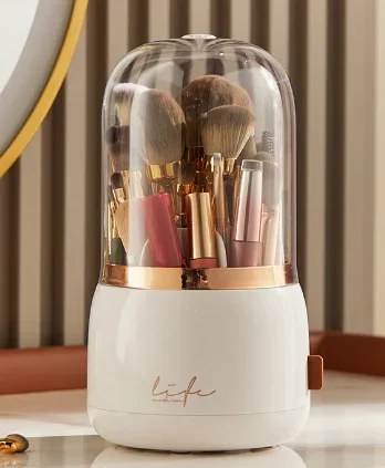 Caja organizadora de maquillaje giratoria 360 ° , Soporte transparente para brochas cosméticas y almacenamiento de lápiz labial, estuche de belleza portátil a prueba de polvo