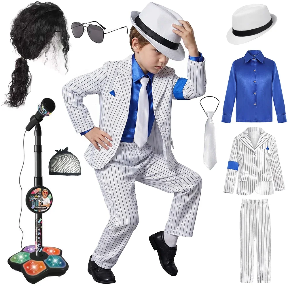 Halloween Carnival Boys Jackson Costume Dancer Singer Moonwalk Stage Outfits 80s Pop Rock Superstar Dress Up White Striped Suit