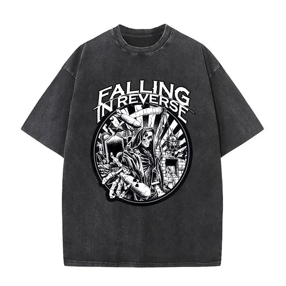 

Washed Vintage Falling in Reverse Skeleton Graphic T-shirts Men Women Rock Fashion Street Tshirt Men's 90s Oversized T Shirts