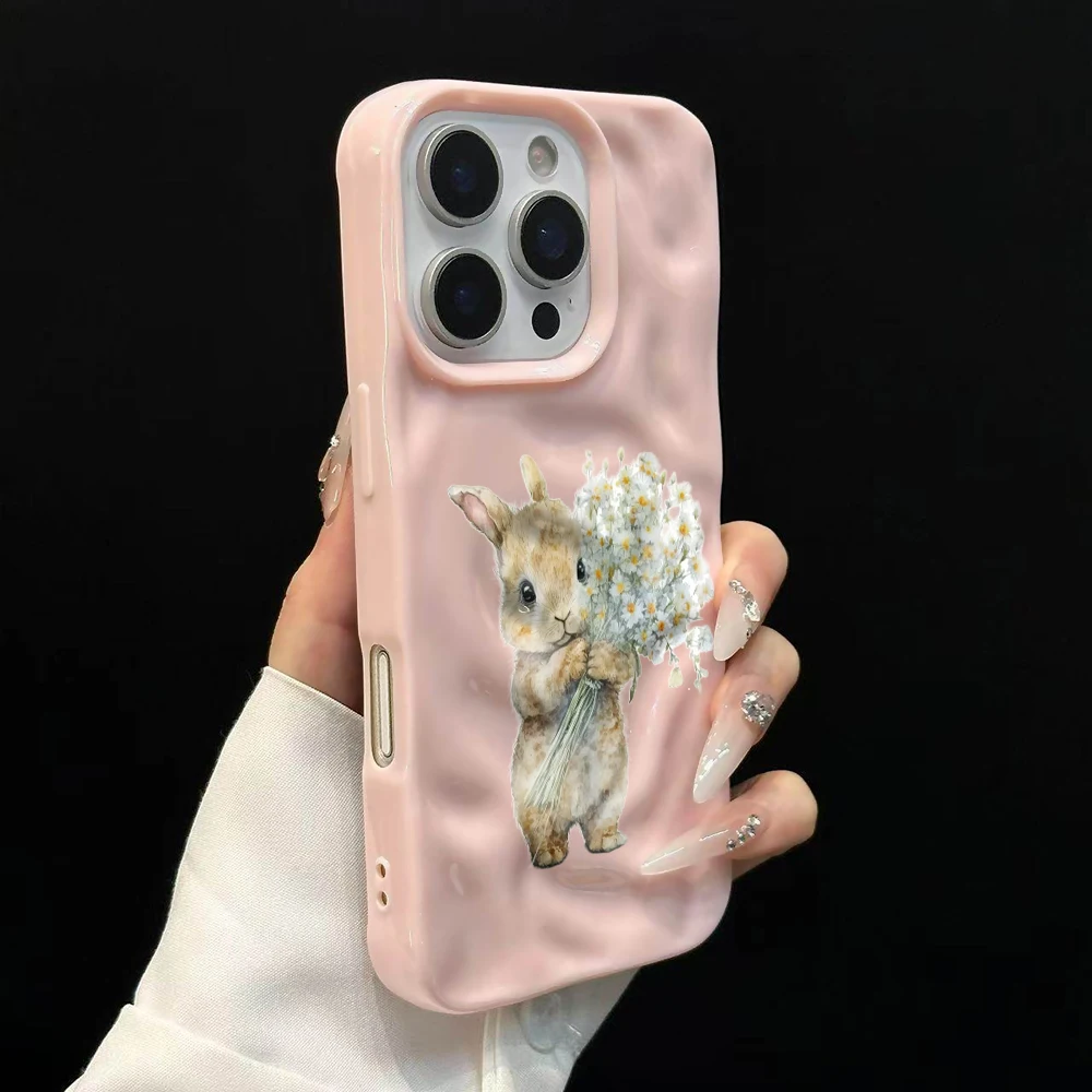 Niedliches Kaninchen mit Blumen Handyhülle für iPhone 17 16 15 14 13 12 11 Pro Max 14 Plus 17Air Falten-Wellen Weiche Silikonhülle – Detail 9