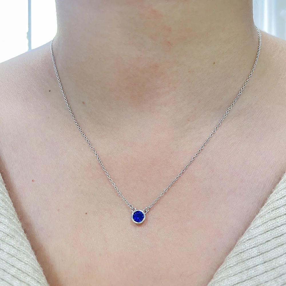 16+2in Cute 925 Sterling Silver Sapphire Blue Round CZ Stone Chain Short Choker Necklace For Women Girls Jewelry Kolye Collares