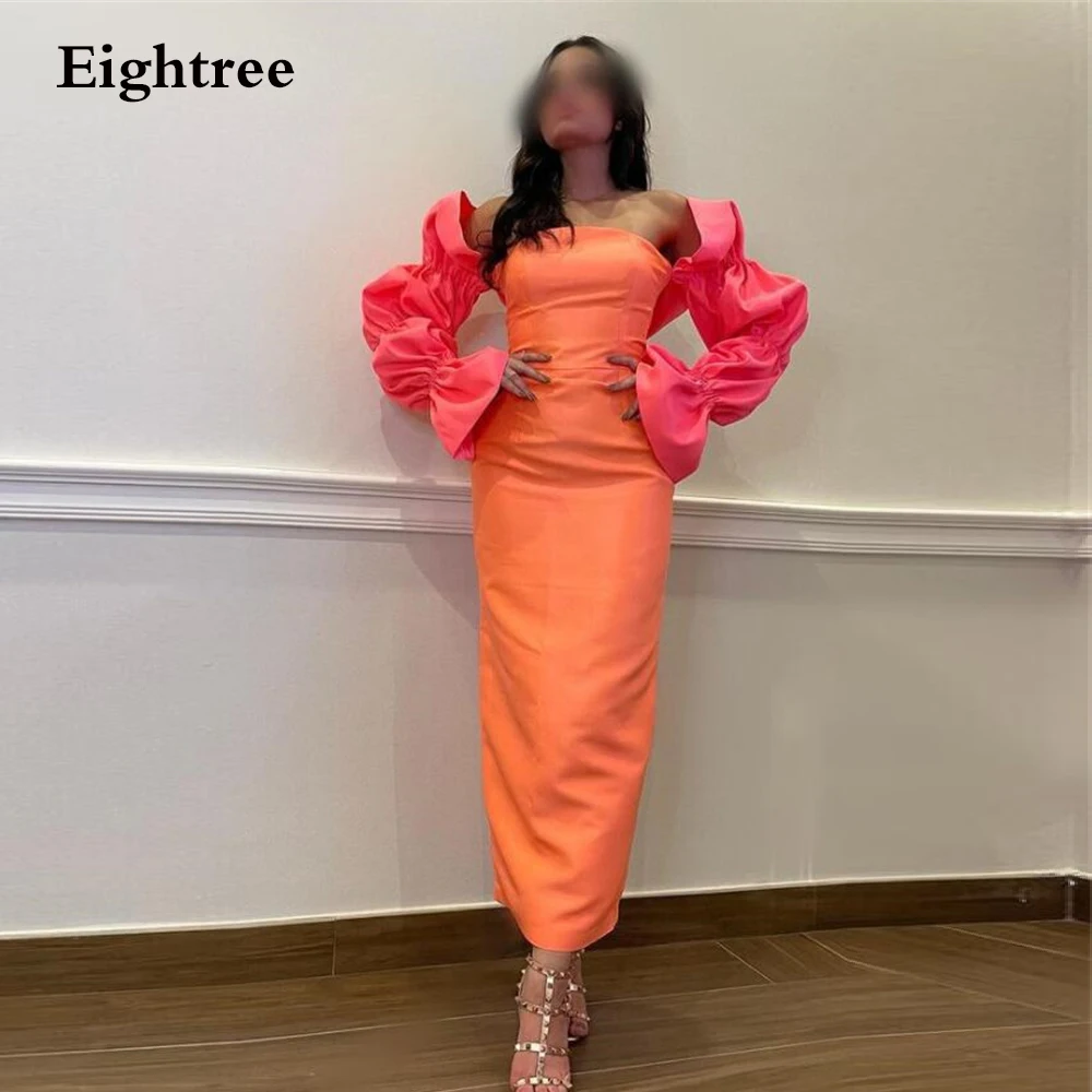 

Orange Pink Long Sleeves Strapless Evening Dress Tea Length Short Bridal Dubia Party Night Gowns Dresses Vestidos de festa